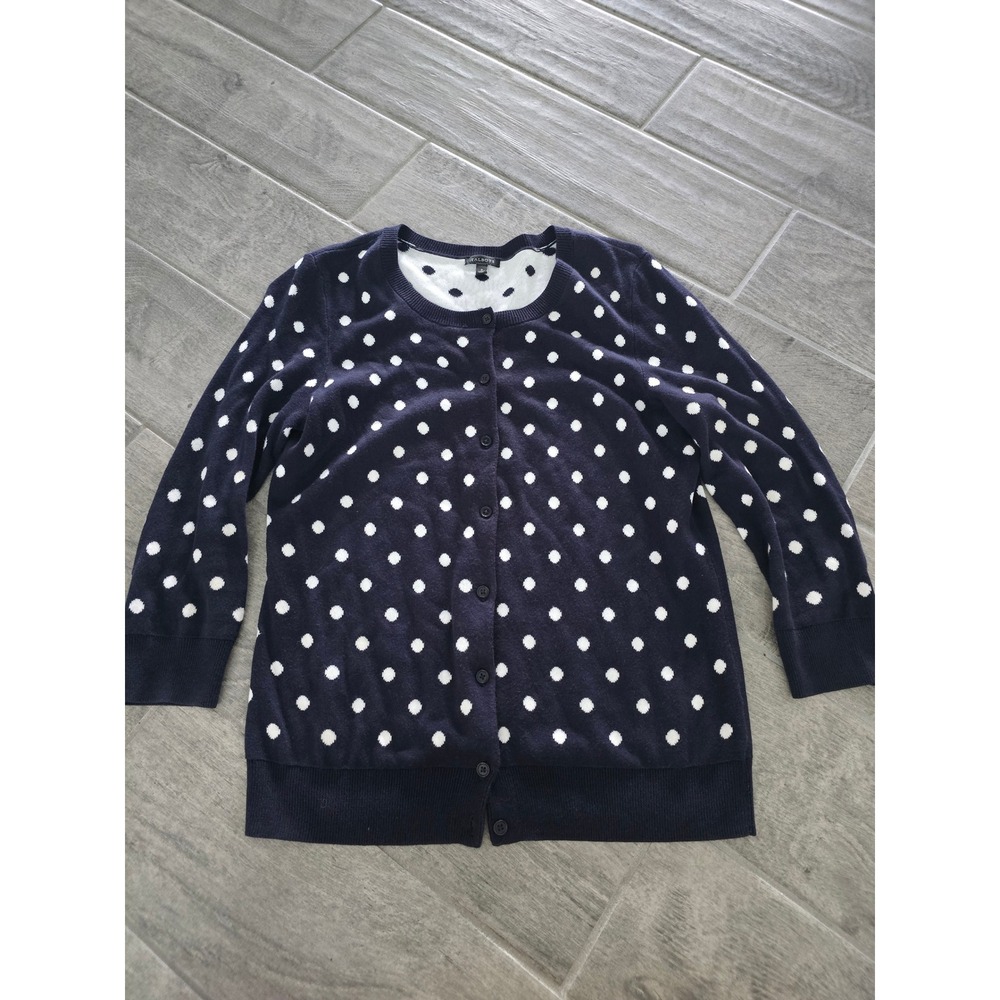 Talbots Womens Navy Blue White Polka Dot Button Front Cardigan Sweater Small